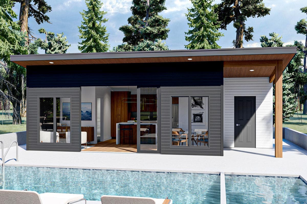 House plan exterior with a flat roof. Includes large sliding doors, wood-clad soffits, and horizontal siding. Features a pool adjacent to the house.