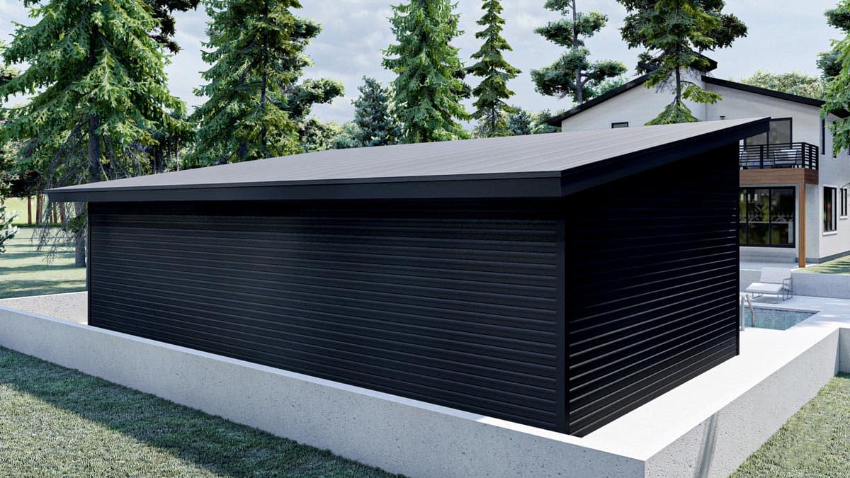 Modern house plan exterior with a single-story structure, dark horizontal siding, and a sloped metal roof.