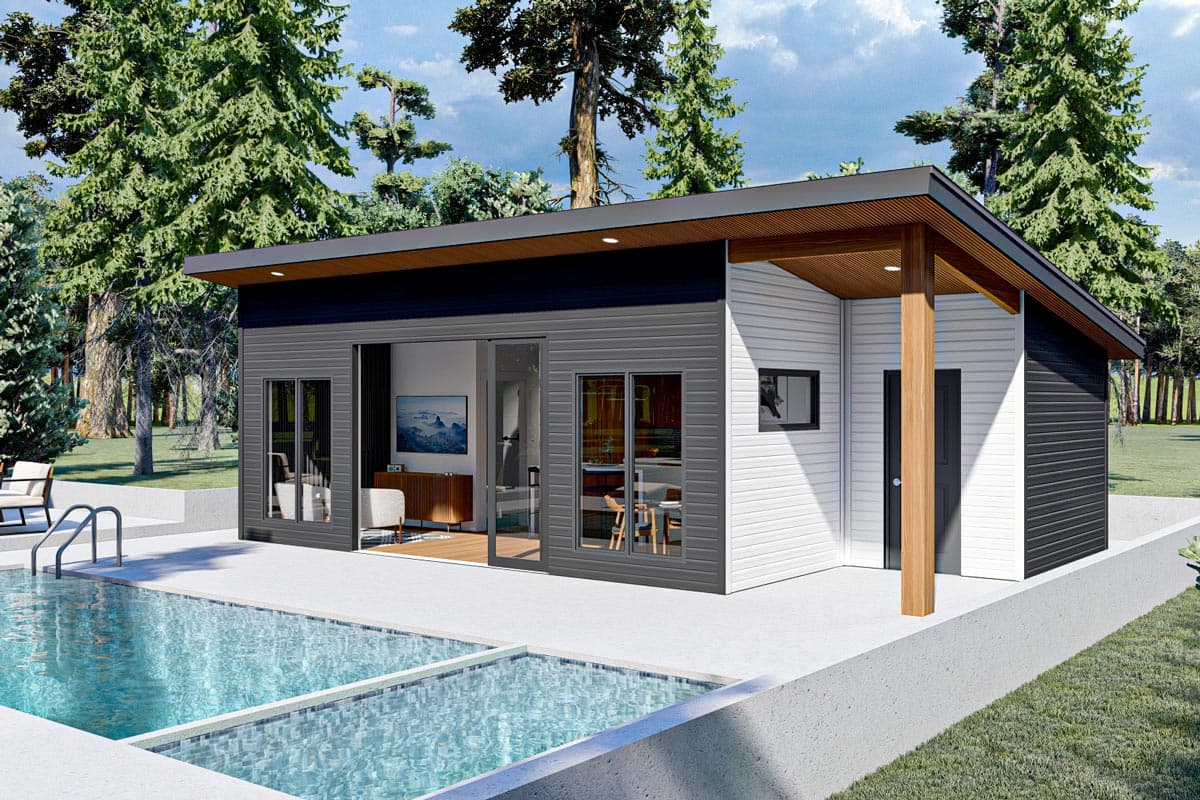 Modern house plan exterior with a low-slope roof, mixed siding, and large sliding glass doors.