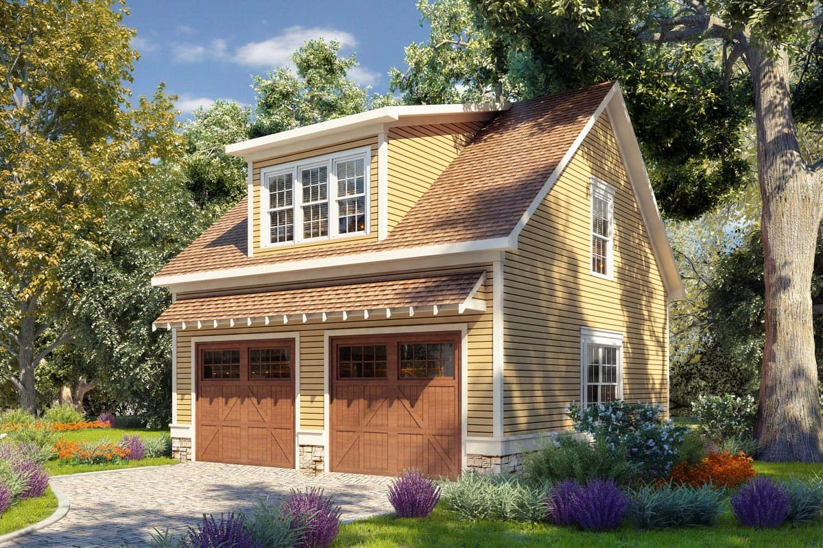 House plan exterior with two-car garage, dormer, and gabled roof. Exterior features a wood-clad garage door and stone accents.