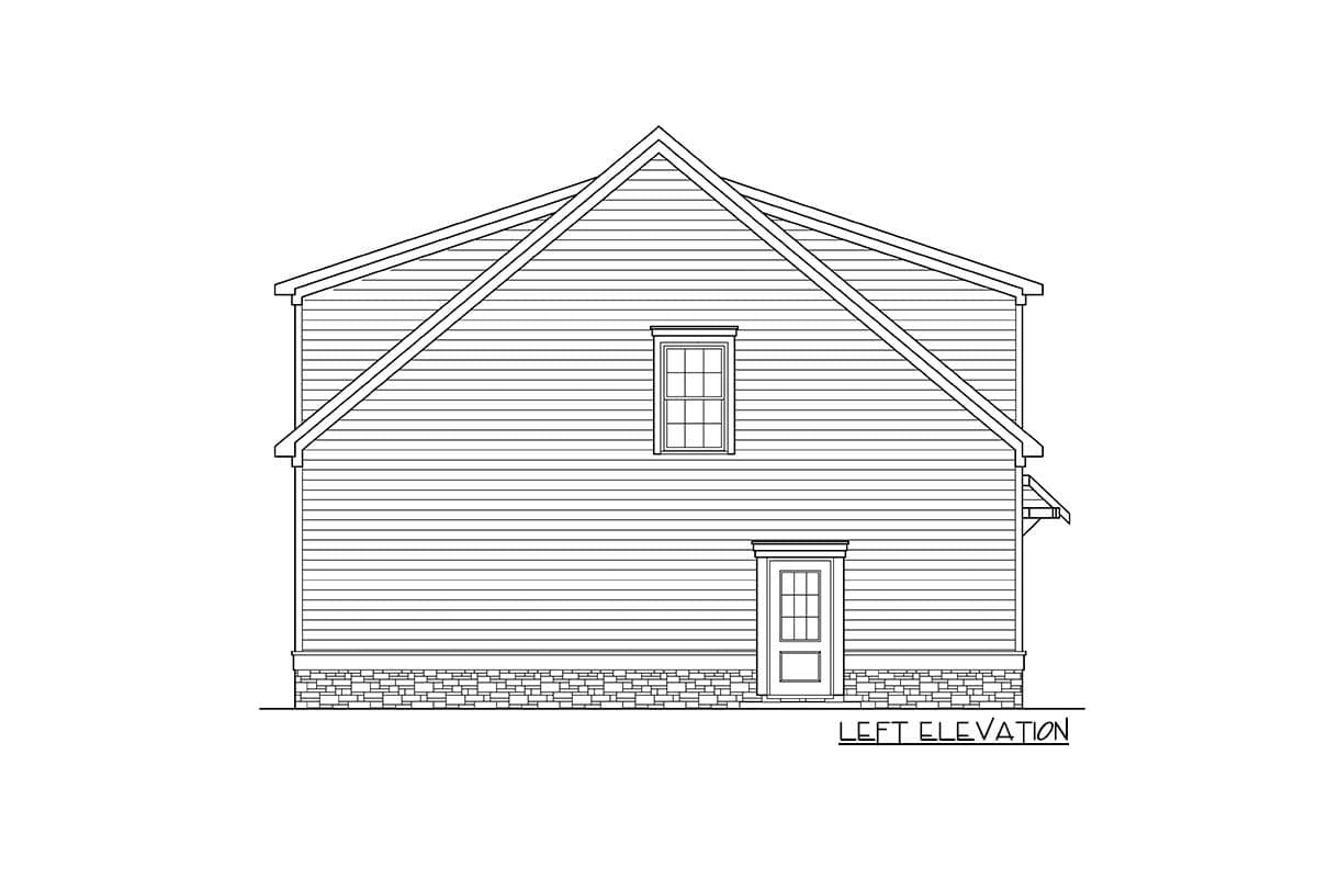 Left elevation of a house plan, showing siding, a dormer window, a door, and a stone foundation.