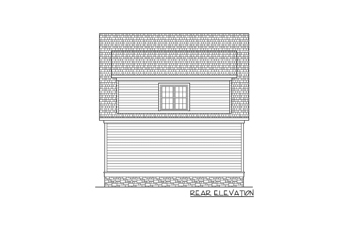 Rear elevation house plan drawing showing horizontal siding, a dormer window, and a stone foundation.