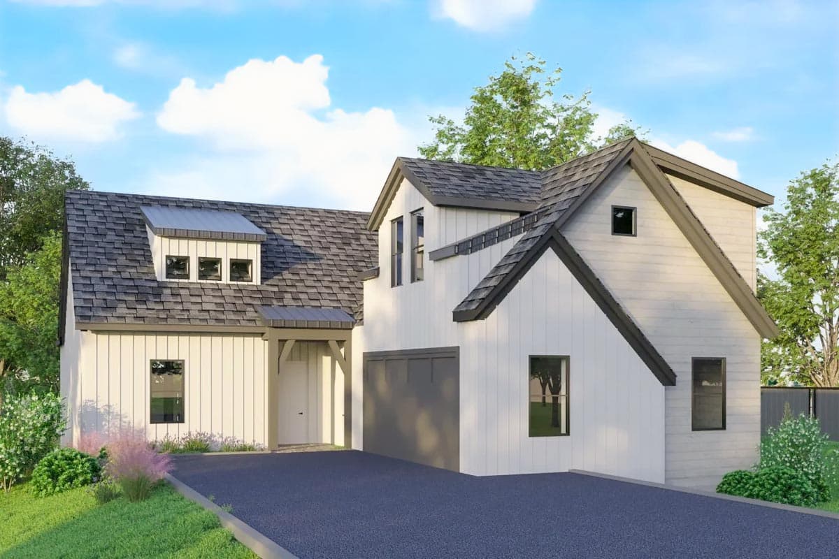 House plan exterior. Two-story Modern Farmhouse with gables, dormers, and a detached garage with dark siding and trim.