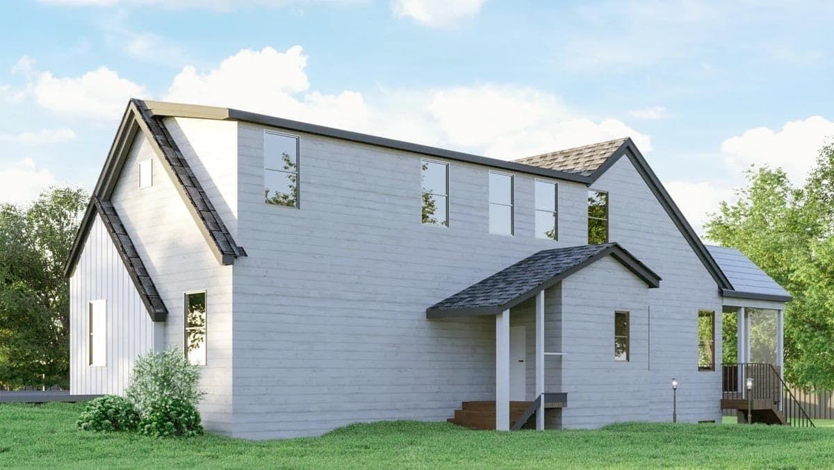 House plan exterior, modern style with gabled roof, multiple dormers, covered entrance, and horizontal siding.
