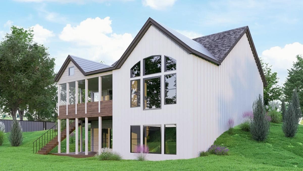 House plan exterior with gabled roof, large arched window, and screened porch with stairs.