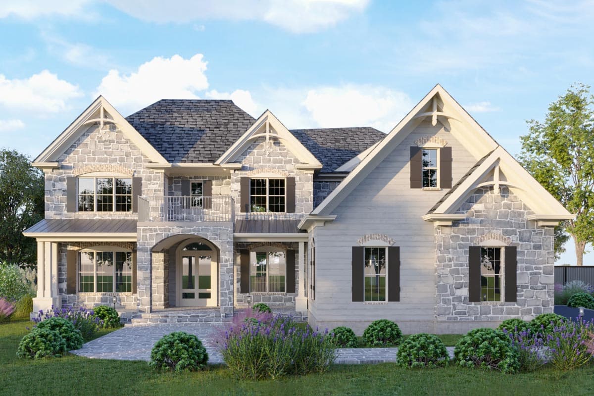 House plan exterior. Two-story, stone and siding facade with multiple gables. Features include an arched entry, balcony, and dark-shuttered windows.