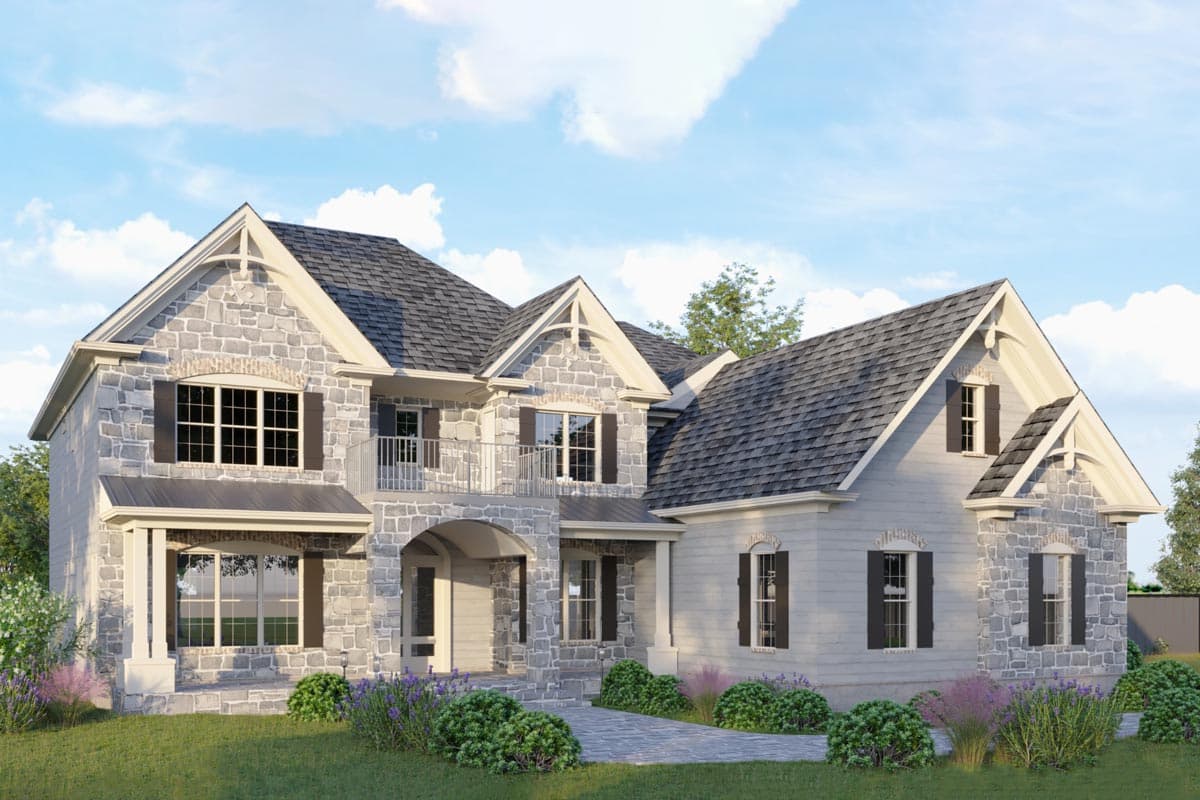 House plan exterior: two-story residence with stone and siding, prominent gables, arched entry, and second-story balcony.