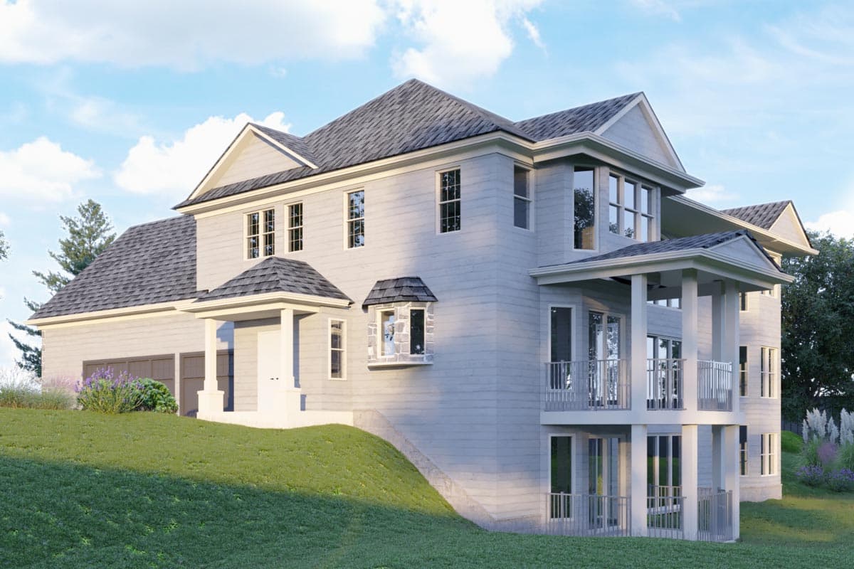 House plan exterior, two stories, with a covered entry, hip roof, multiple gables, and upper-level balconies.