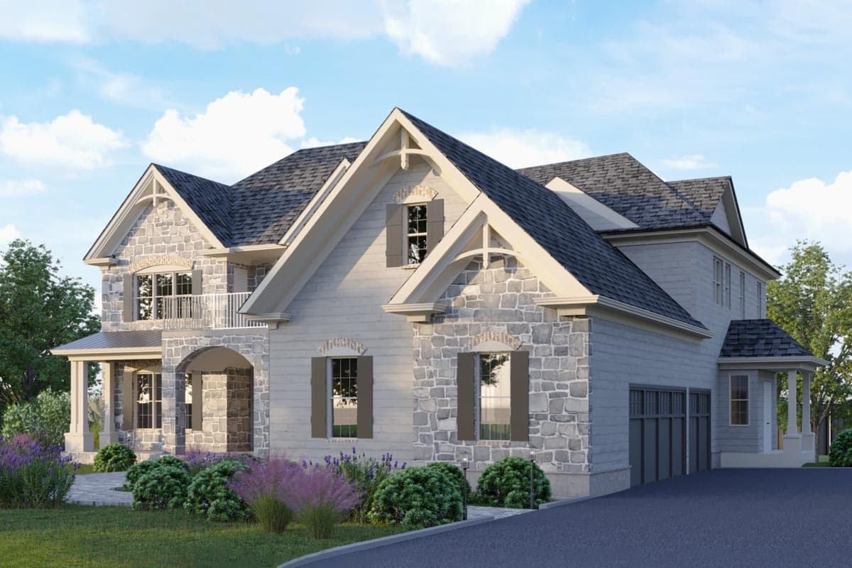 House plan exterior with stone accents, covered porch, second-story balcony, gables, and a triple garage.