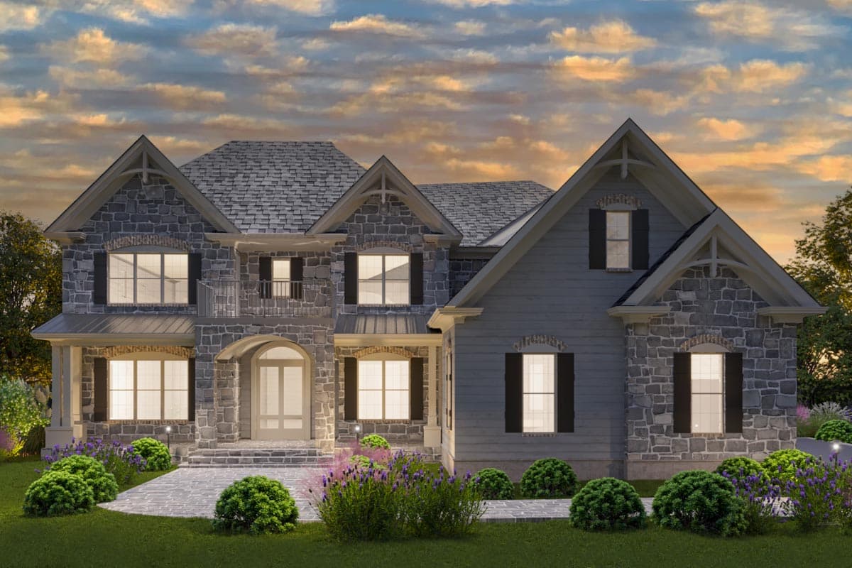 House plan exterior: Two-story home with stone facade, gables, arched entryway, multiple dormers, and porch with columns.