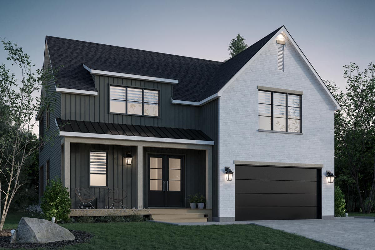 House plan exterior. Two-story Modern Farmhouse with a front porch, gables, a black garage door, and a contrasting brick facade.