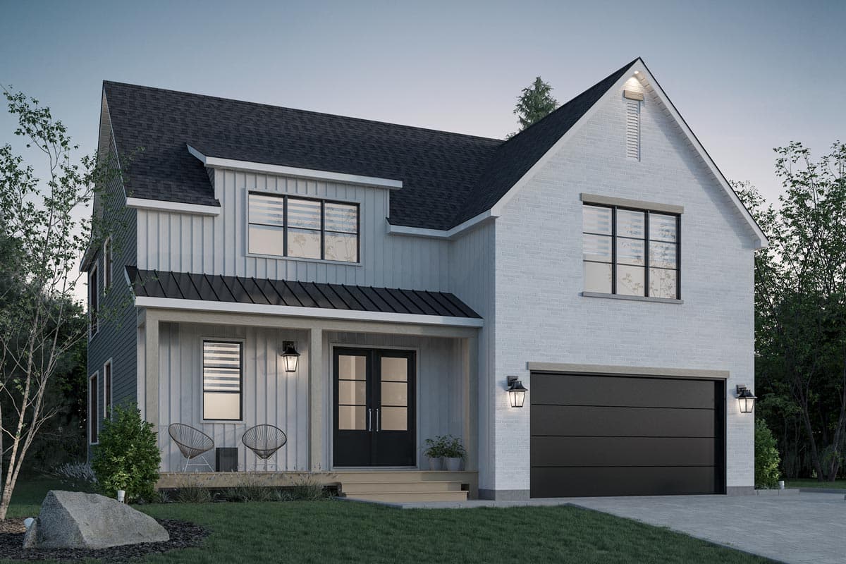 Modern Farmhouse house plan exterior, two stories, white brick and vertical siding, gabled dormer, covered porch, double front doors, attached garage.