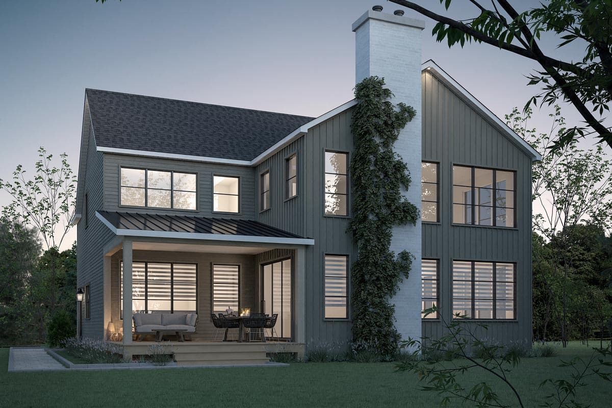 House plan exterior featuring a two-story Modern Farmhouse style with a covered porch, prominent chimney, and board and batten siding.