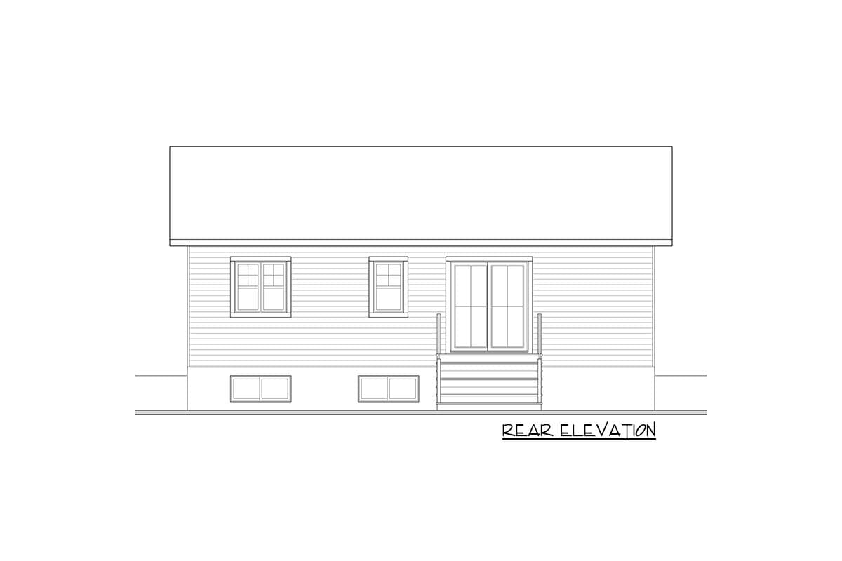 Rear elevation drawing of house plan with siding, double doors with steps, and multiple windows.