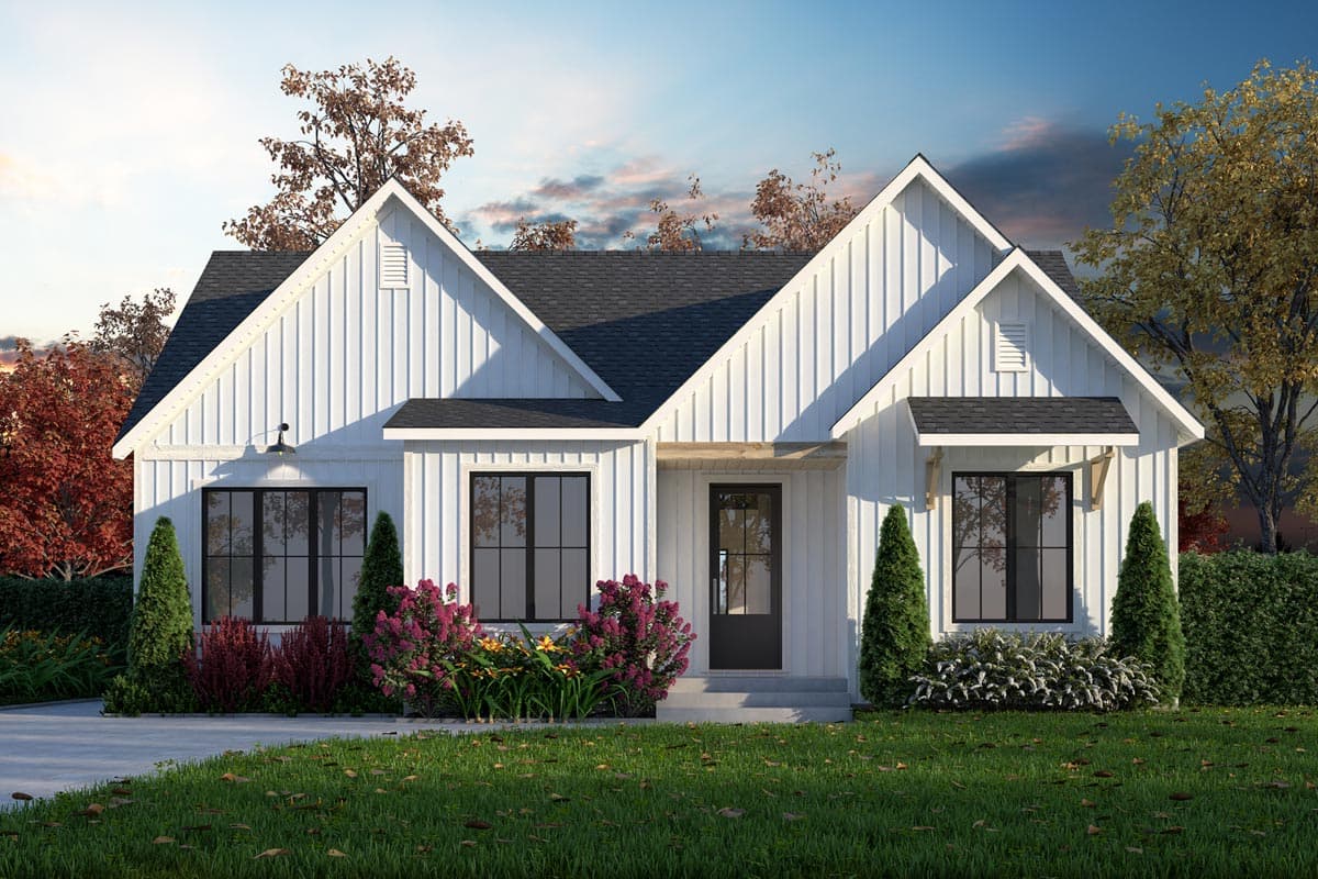 House plan exterior. Modern Farmhouse style with two gabled rooflines, black-framed windows, and a covered front entry.