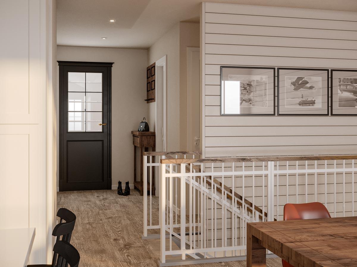 Interior hallway with paneled walls, a dark door with glass panes, and a white railing along a staircase.