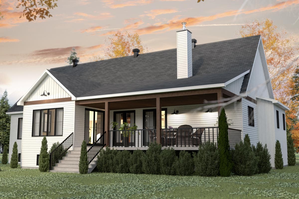 Modern Farmhouse house plan exterior with covered porch, gabled dormer, white siding, and prominent chimney.