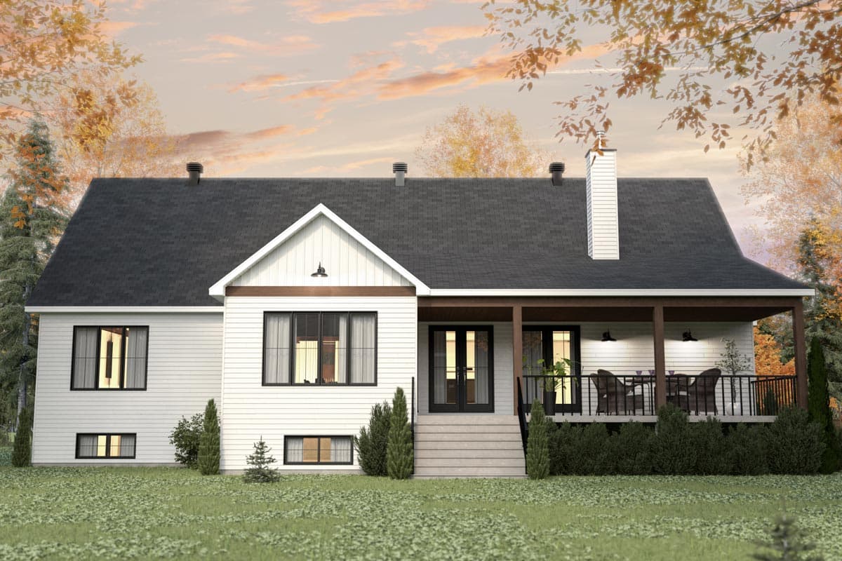 House plan exterior: Two-story Modern Farmhouse with a covered porch, gables, and a prominent chimney.