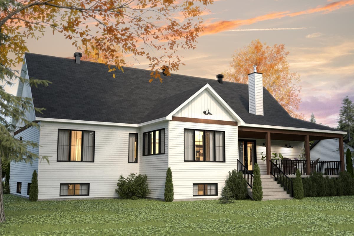 House plan exterior: two-story Modern Farmhouse with gabled dormers, white siding, and covered front porch with stairs.