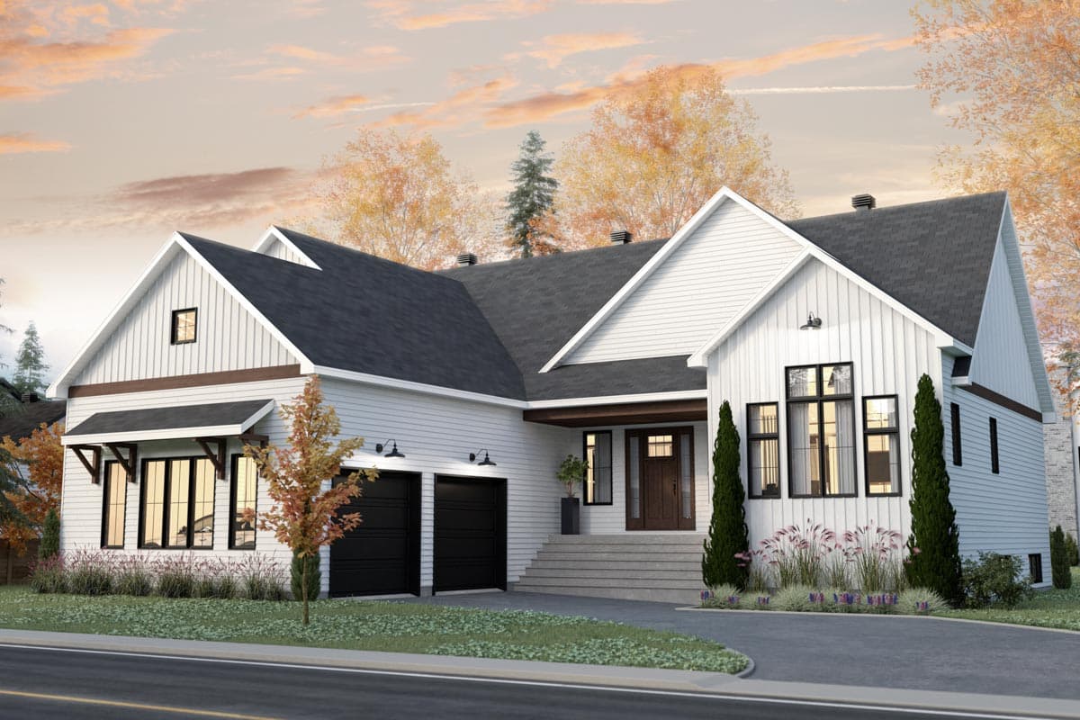 Modern Farmhouse house plan exterior with a side-entry two-car garage, prominent gables, and large windows.