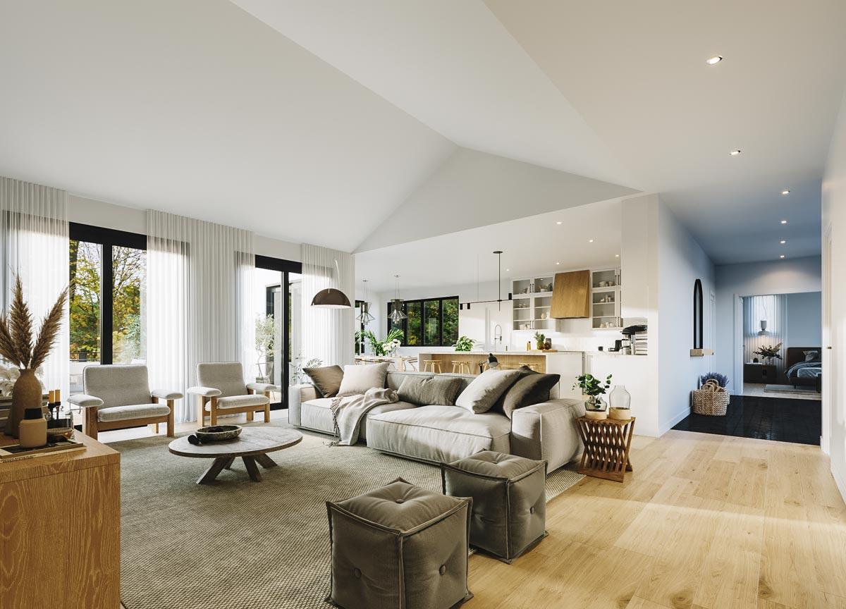 Interior rendering showing an open-concept great room with vaulted ceiling, modern kitchen with island, and view into a bedroom.