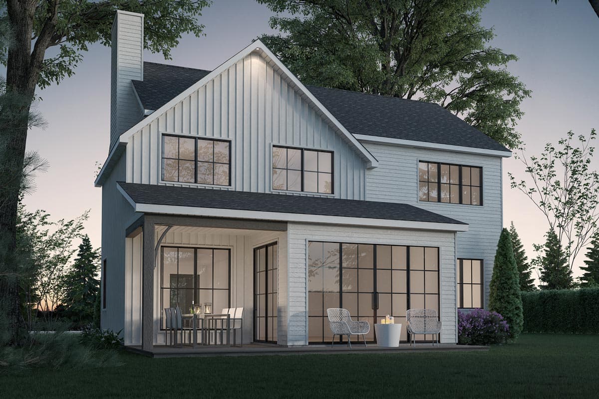 Modern Farmhouse style house plan exterior, two stories, with gabled roof, vertical siding, and large grid windows.