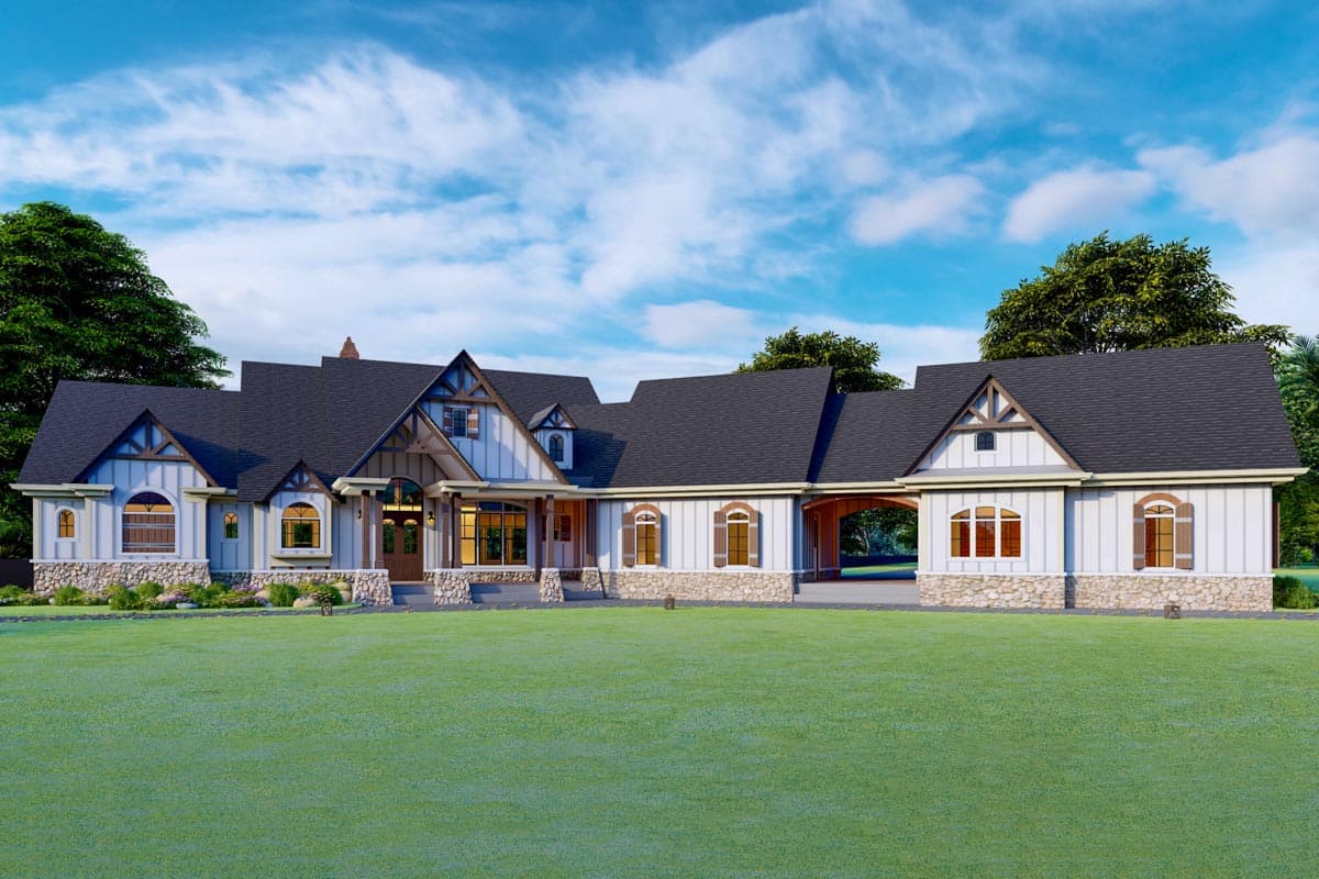 House plan exterior. Two-story home with Craftsman detailing, prominent gables, front porch, and an attached carport. Stone accents visible.