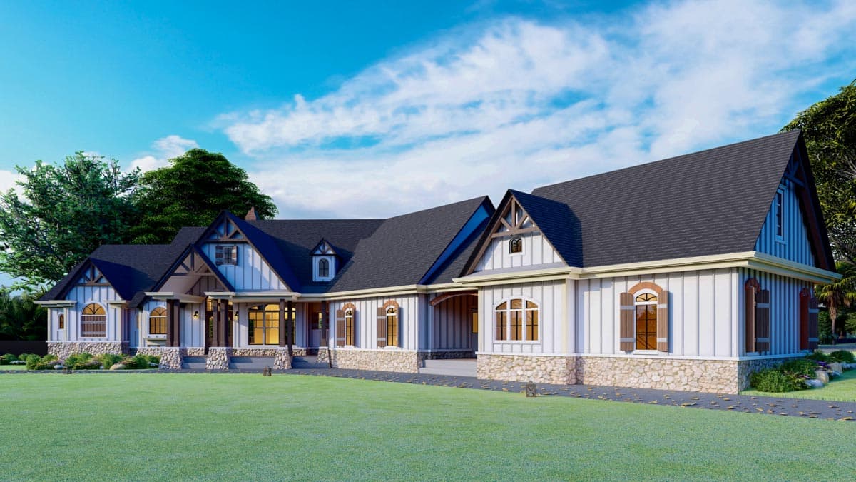House plan exterior with multiple gables, stone base, board-and-batten siding, and a covered entry.