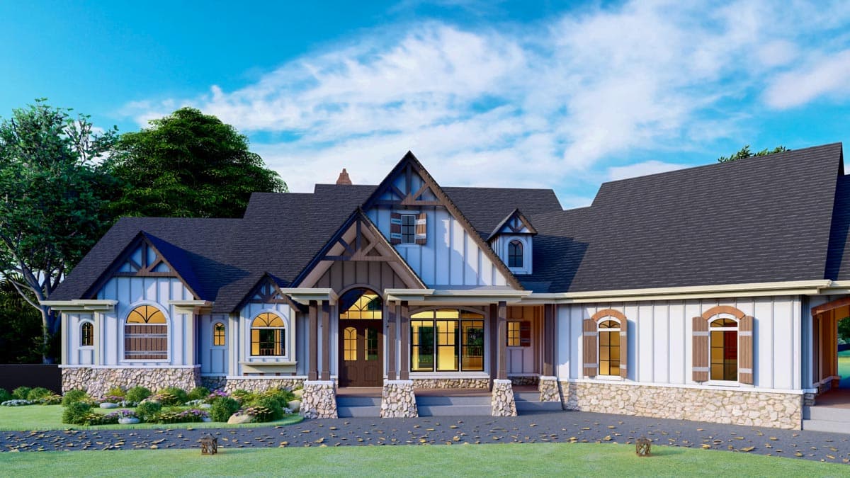 House plan exterior: Modern Farmhouse style, two stories, stone base, prominent gables, arched windows, and covered entry.
