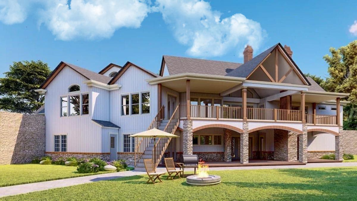 House plan exterior: Modern Farmhouse style, two stories, prominent gables, stone accents, and wrap-around covered porches.