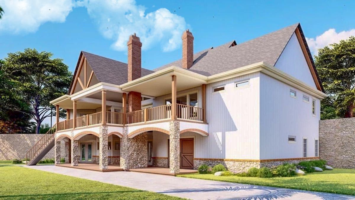 House plan exterior, two stories, features stacked stone arches, upper balcony, dual brick chimneys, and gabled roof.