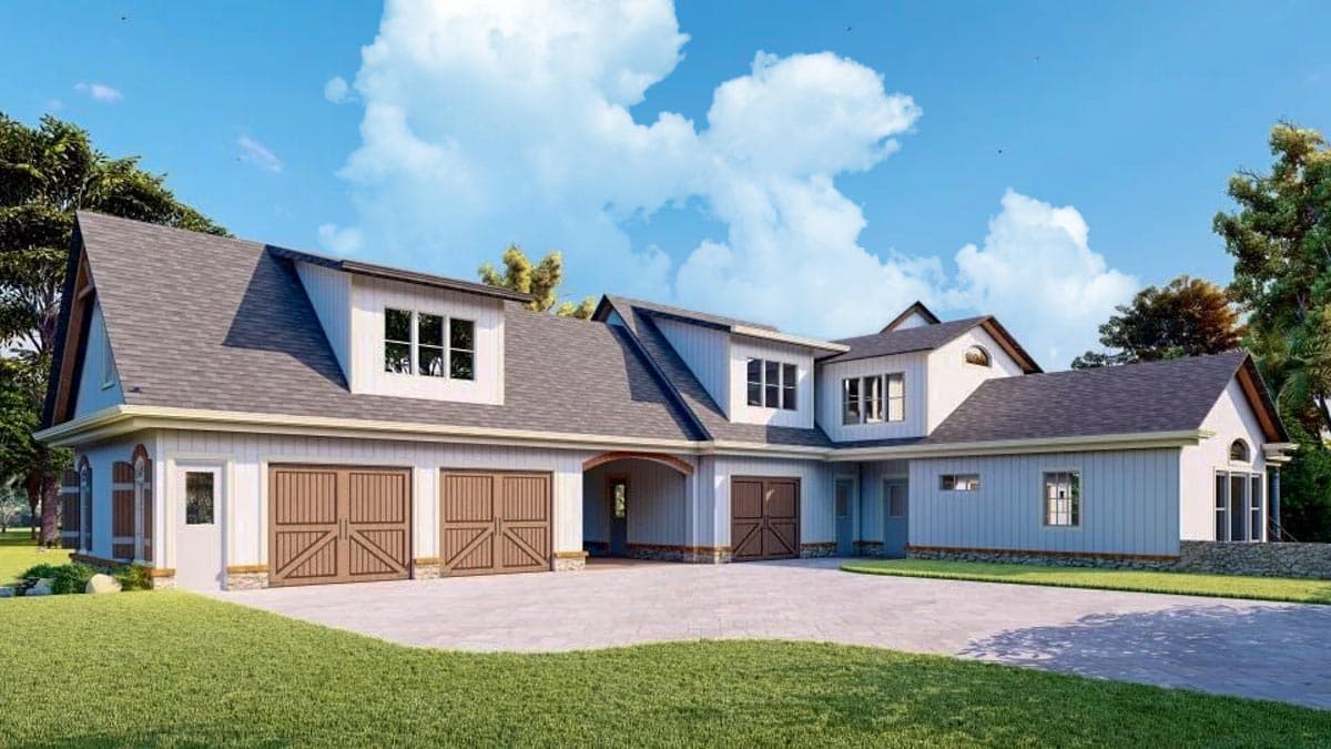 Modern Farmhouse house plan exterior with a four-car garage, dormers, and a covered archway.