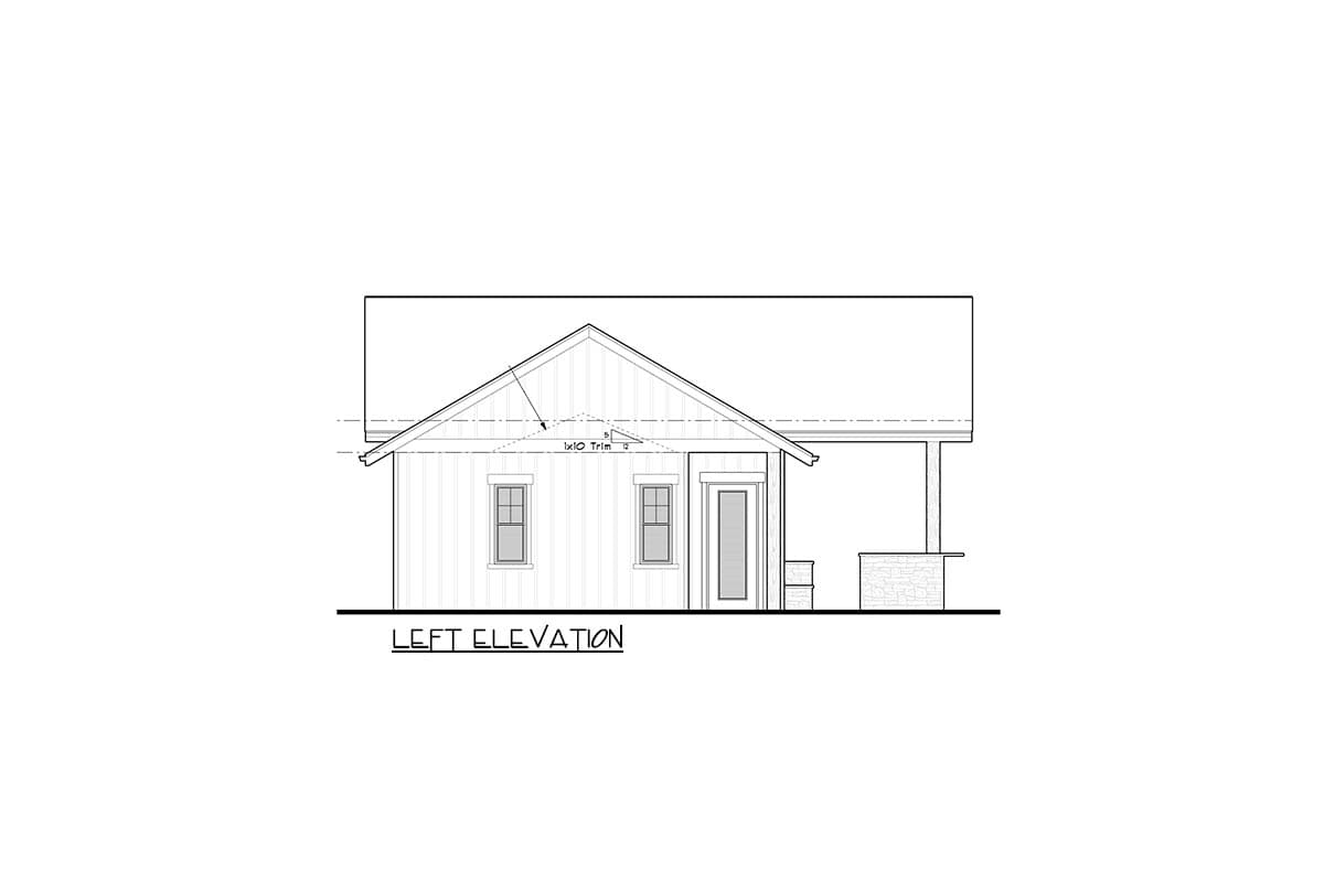 Left elevation drawing of a house plan showing two windows, a door, and a covered porch with stone detailing.