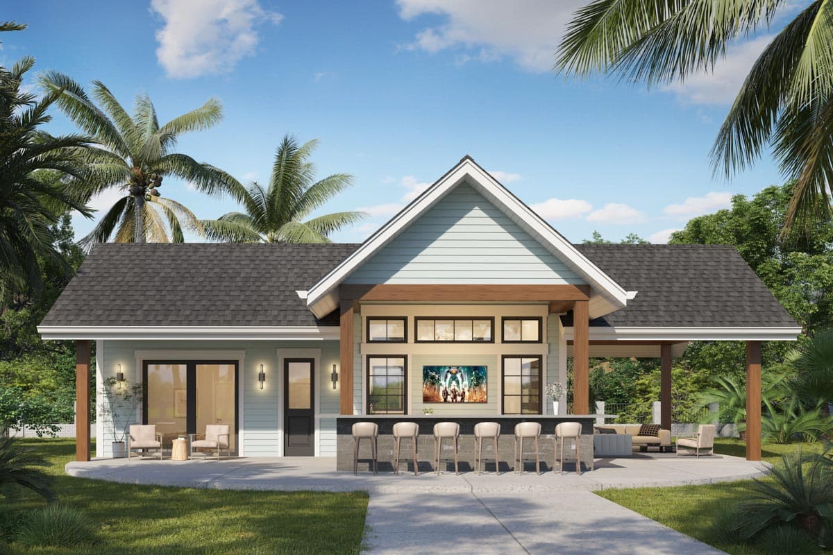 House plan exterior with gable roof, covered bar area, and exposed post and beam construction, incorporating glass doors and windows.
