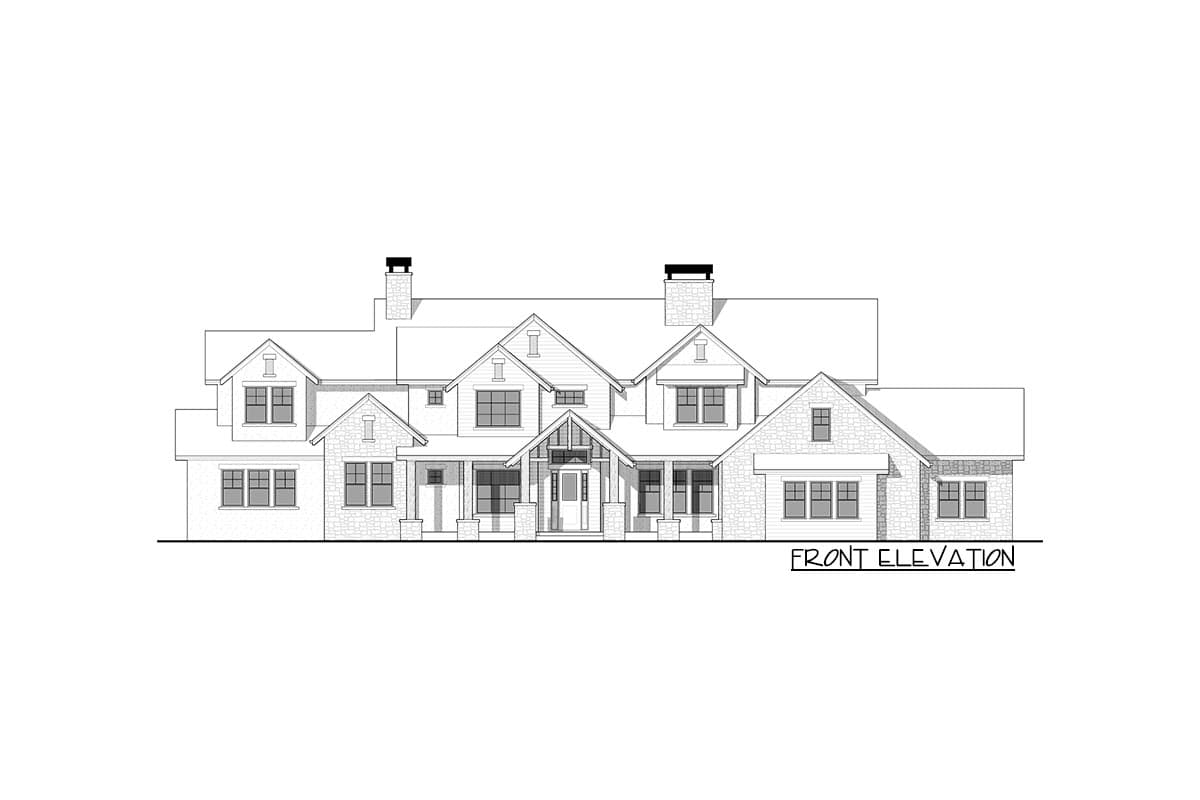 Front elevation drawing of a two-story house plan with gables, dormers, stone accents, and a covered porch.