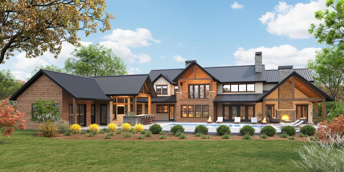 Modern Farmhouse house plan exterior with wood siding, stone accents, metal roof, and covered outdoor living spaces.