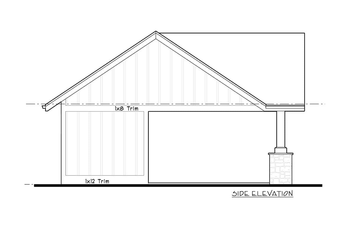 Side elevation house plan showing a gabled roof, vertical siding, 1x8 trim, and a stone-clad porch column.
