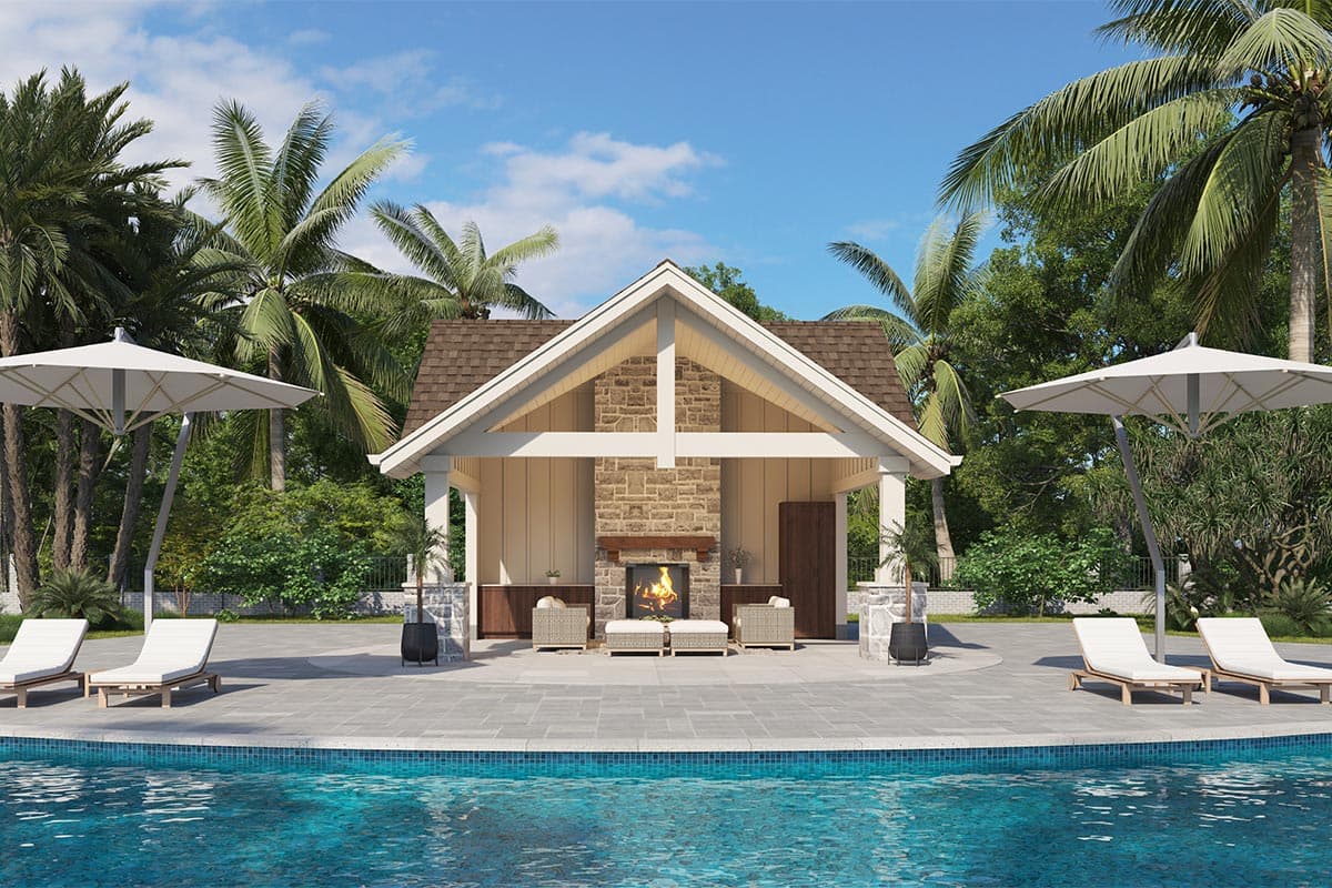 House plan exterior. Open-air pavilion with gable roof and a stone fireplace. Features include a poolside setting, wood accents, and seating.
