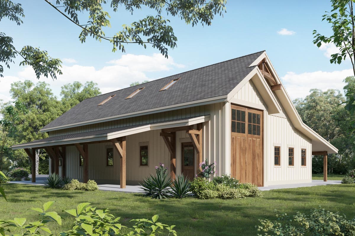 House plan exterior with board and batten siding, timber frame porch, and gable roof with dormers and exposed timber accents.