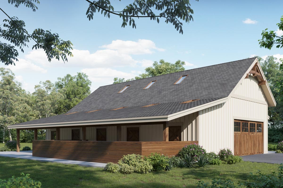 House plan exterior: Modern farmhouse style, one story, with a covered porch, board and batten siding, and a two-car garage.