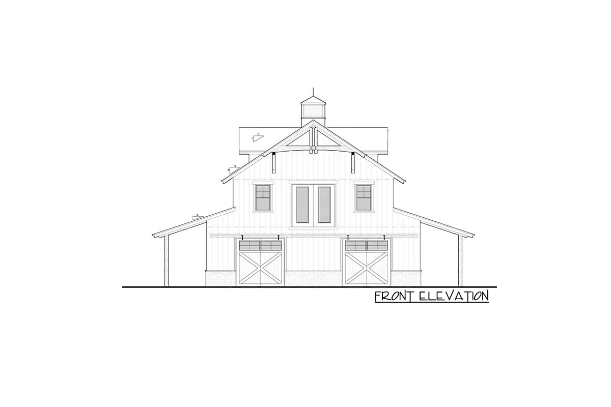 Front elevation drawing of a two-story barn with cupola, double doors, two windows, and two large barn doors.