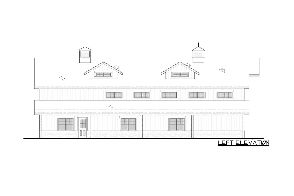 Left elevation drawing of a two-story house plan featuring a symmetrical roofline with two dormers and cupolas.