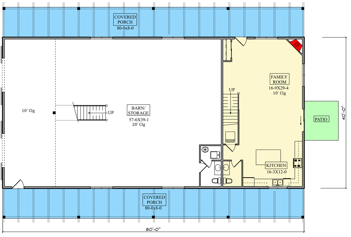 Plan 95144RW: Barndo with Two 80' Wide and 8' Deep Porches - Floor Plan - Main Level - Barndominium, Country, Craftsman, Mountain, Rustic
