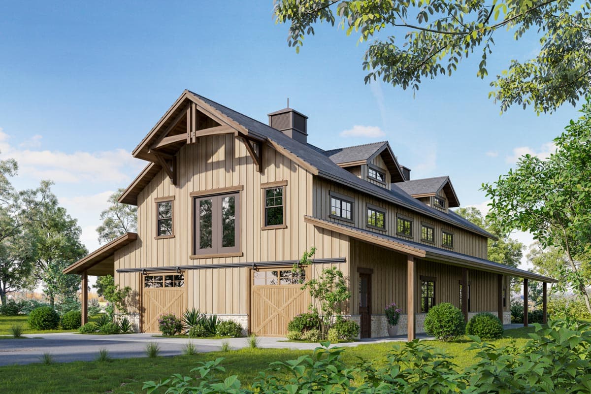 House plan exterior with two stories and a barn style. Features include gable roof, dormers, a covered porch, and sliding barn doors on the garage.