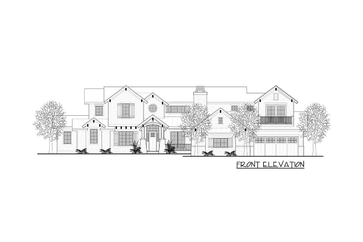 Front elevation house plan: two-story with multiple gables, dormers, covered entry, balcony, and a three-car garage.