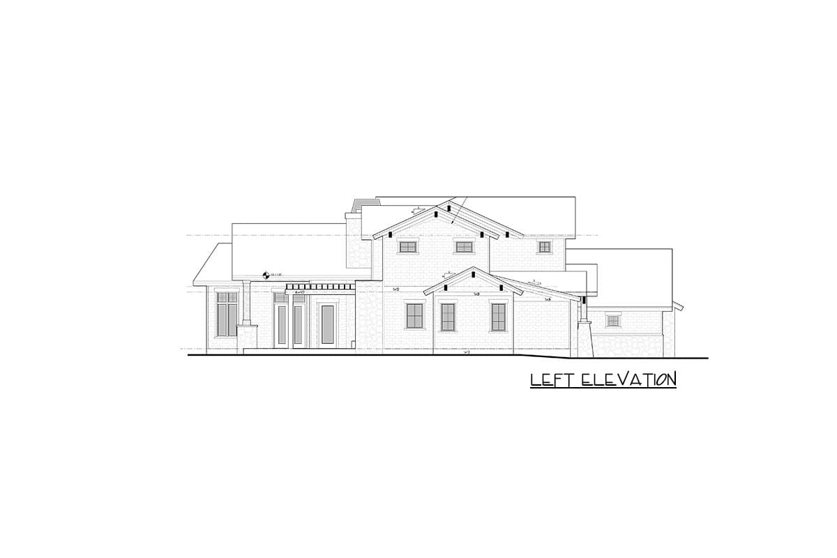 House plan left elevation showing a two-story structure with a covered porch, multiple gables, and stone accents.