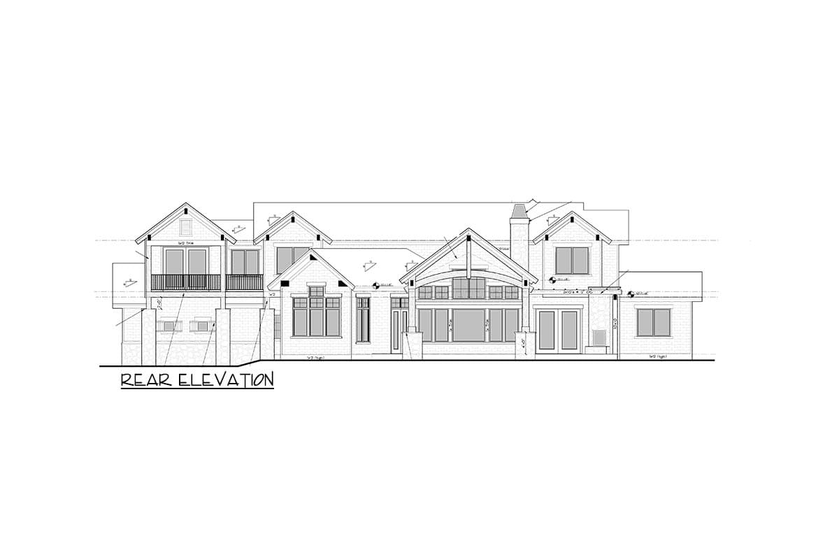 Rear elevation of a two-story house plan with gables, dormers, a balcony, and large windows.
