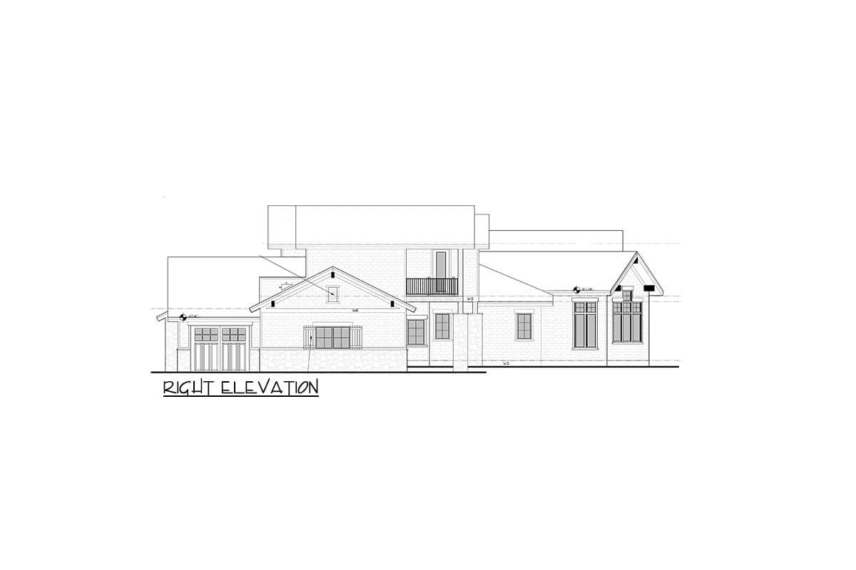 Right elevation house plan: two-story brick, pitched roof, gables, balcony, and attached garage with multi-pane doors.