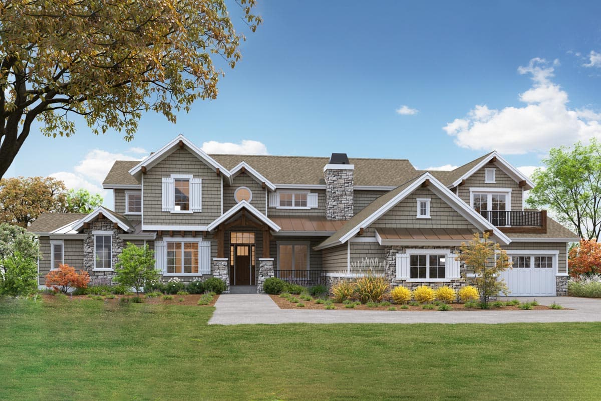 House plan exterior. Two-story Craftsman home with gabled roof, stone chimney, and covered porch. Features include a side-entry garage.