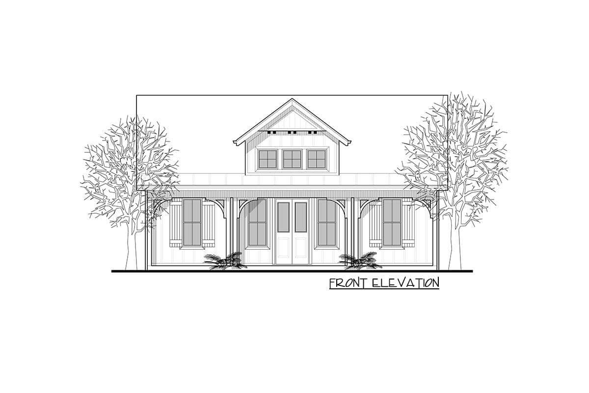 Front elevation drawing of a 1.5-story house with a covered porch, gabled dormer, and double front doors.